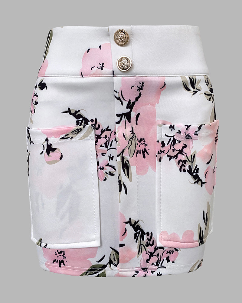 Floral Print Puff Sleeve Double Breasted Blazer Coat & Skirt Set