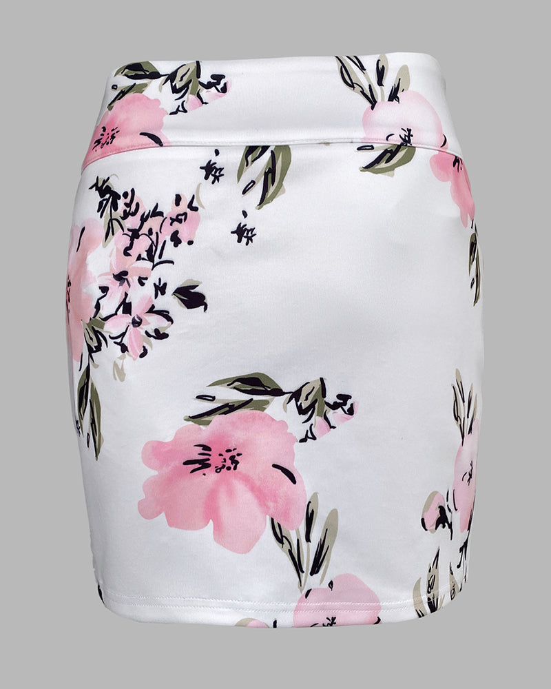 Floral Print Puff Sleeve Double Breasted Blazer Coat & Skirt Set