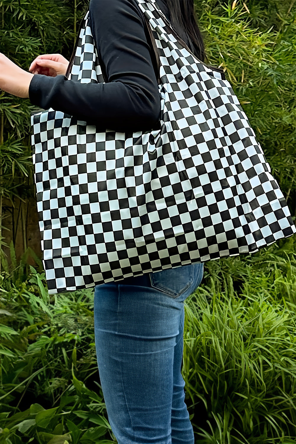 Color black Checkered Print Large Capacity Canvas Shoulder Bag