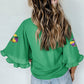 Green Sequin Doughnut Graphic Ruffled Trim Bell Sleeve Mardi Gras Blouse