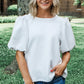 White Solid Textured O Neck Puff Sleeve Blouse