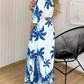 Tropical Print Plunge V Neck Waist Cutout Boho Maxi Dress Three Quarters Tied Detail Elastic Waist Back Vacation Dress