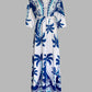 Tropical Print Plunge V Neck Waist Cutout Boho Maxi Dress Three Quarters Tied Detail Elastic Waist Back Vacation Dress