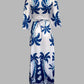 Tropical Print Plunge V Neck Waist Cutout Boho Maxi Dress Three Quarters Tied Detail Elastic Waist Back Vacation Dress