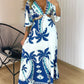 Tropical Print Plunge V Neck Waist Cutout Boho Maxi Dress Three Quarters Tied Detail Elastic Waist Back Vacation Dress