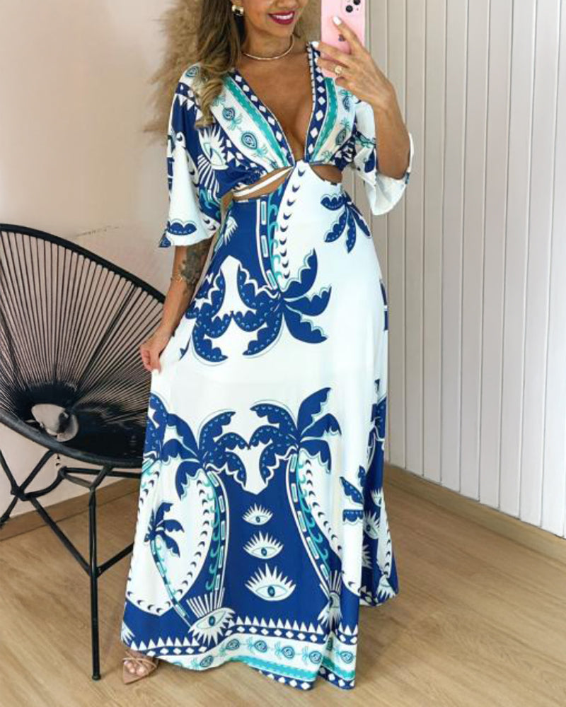 Tropical Print Plunge V Neck Waist Cutout Boho Maxi Dress Three Quarters Tied Detail Elastic Waist Back Vacation Dress