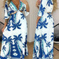 Tropical Print Plunge V Neck Waist Cutout Boho Maxi Dress Three Quarters Tied Detail Elastic Waist Back Vacation Dress