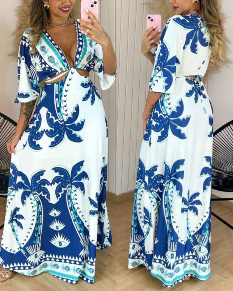 Tropical Print Plunge V Neck Waist Cutout Boho Maxi Dress Three Quarters Tied Detail Elastic Waist Back Vacation Dress