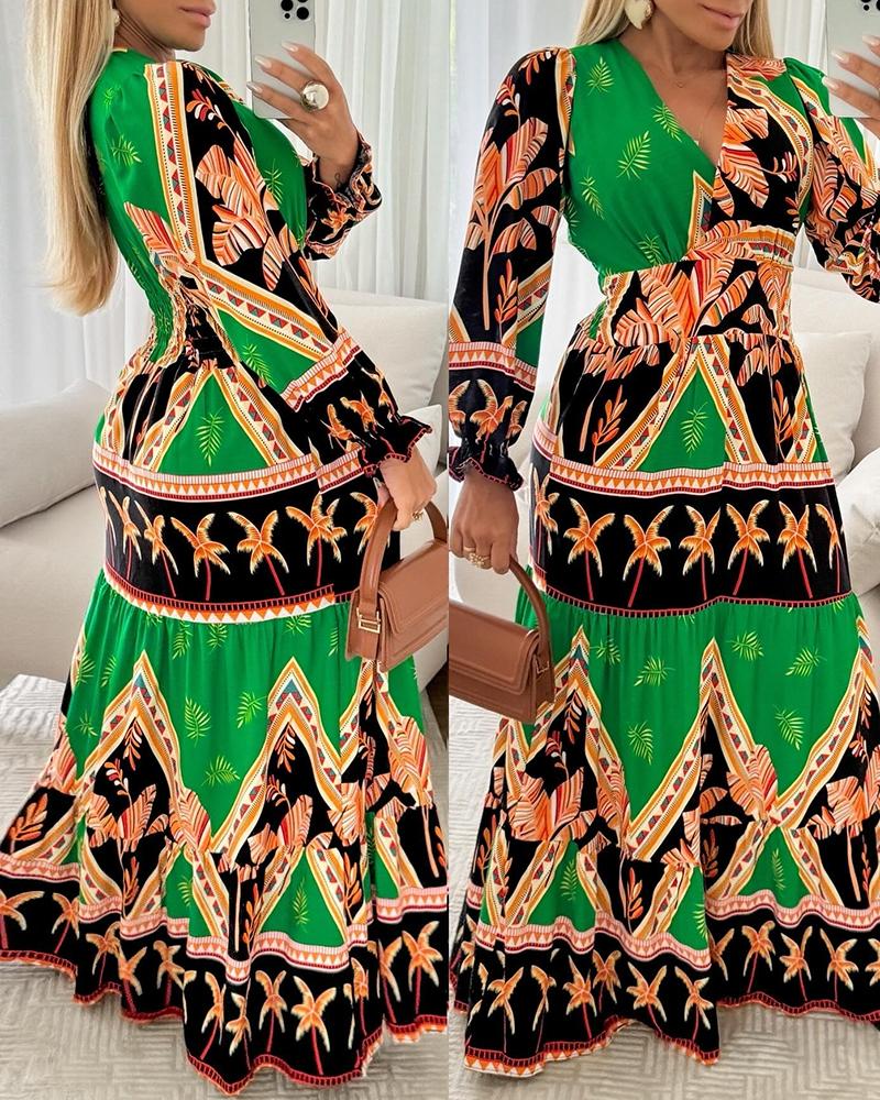 Colorblock Geometric Tropical Print Long Sleeve Dress