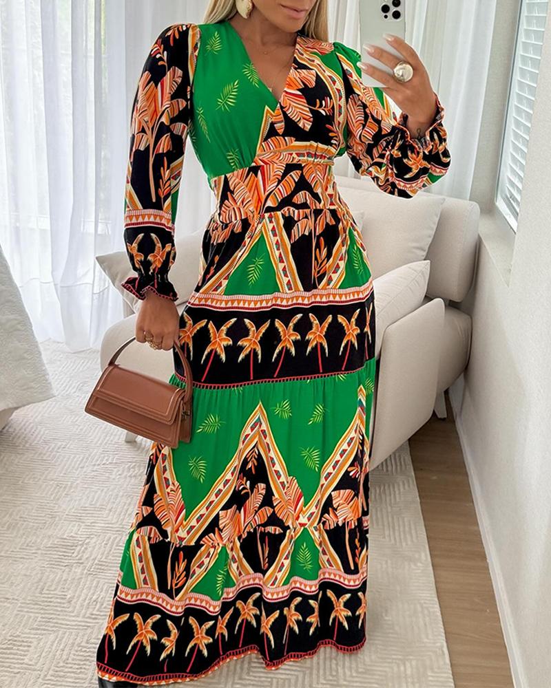 Colorblock Geometric Tropical Print Long Sleeve Dress