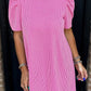 Bright Pink Corded Knit Crew Neck Puff Sleeve Shift Mini Dress