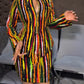 2 Pieces Outfit Multi Color Striped Bell Sleeve Zip Up Slit Cinched Waist Top and Bodycon Skirt Set