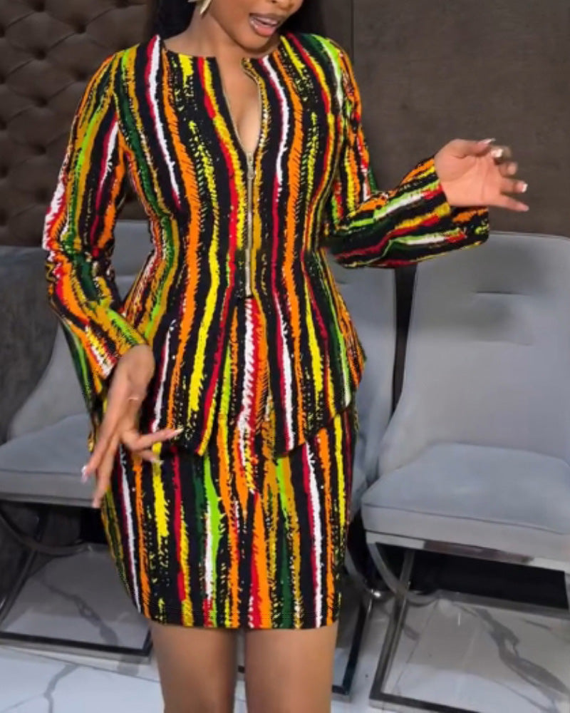 2 Pieces Outfit Multi Color Striped Bell Sleeve Zip Up Slit Cinched Waist Top and Bodycon Skirt Set