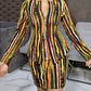 2 Pieces Outfit Multi Color Striped Bell Sleeve Zip Up Slit Cinched Waist Top and Bodycon Skirt Set