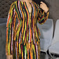 2 Pieces Outfit Multi Color Striped Bell Sleeve Zip Up Slit Cinched Waist Top and Bodycon Skirt Set