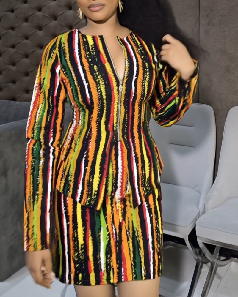 2 Pieces Outfit Multi Color Striped Bell Sleeve Zip Up Slit Cinched Waist Top and Bodycon Skirt Set