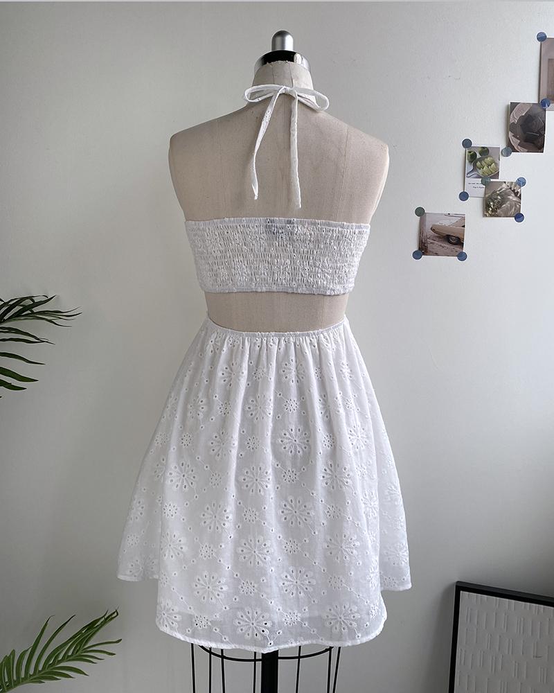 Floral Print Halter Tied Detail Elastic Shirred Back Mini Dress Casual Hollow Out A Line Dress