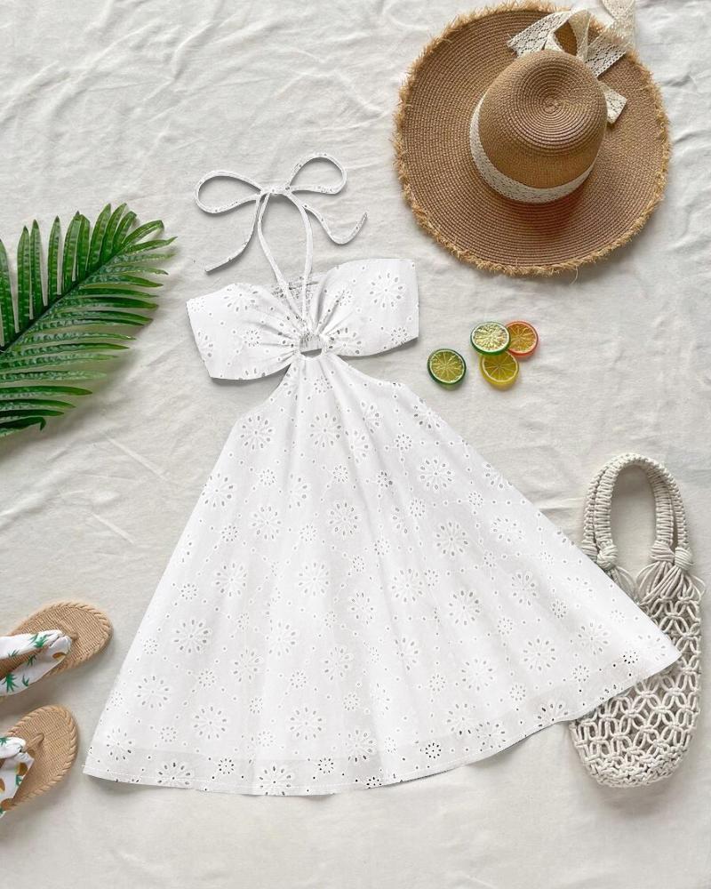 Floral Print Halter Tied Detail Elastic Shirred Back Mini Dress Casual Hollow Out A Line Dress