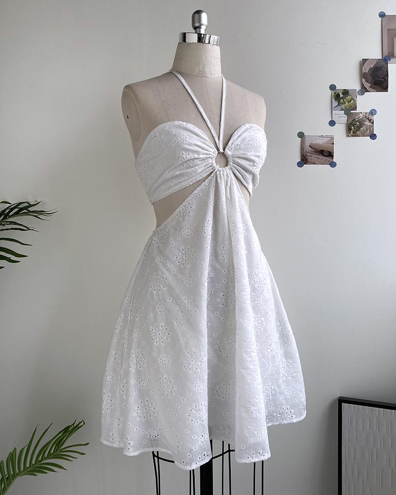 Floral Print Halter Tied Detail Elastic Shirred Back Mini Dress Casual A Line Dress