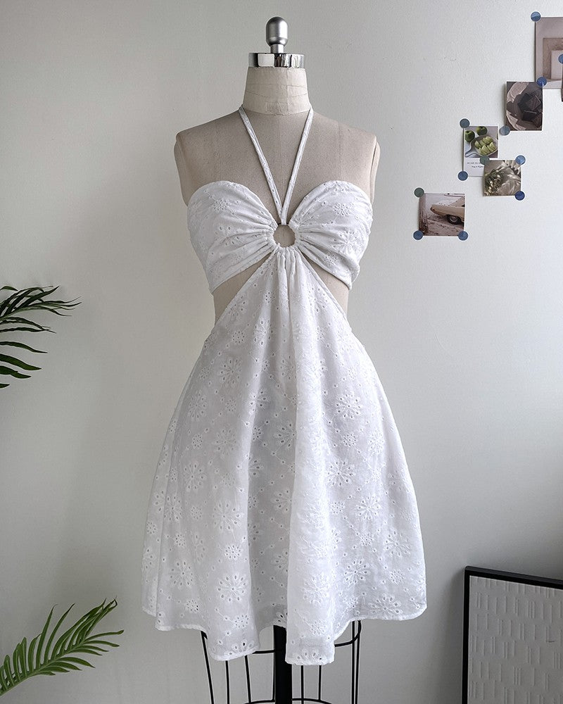 Floral Print Halter Tied Detail Elastic Shirred Back Mini Dress Casual A Line Dress