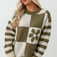 Green Checkered Floral Print Striped Sleeve Sweater