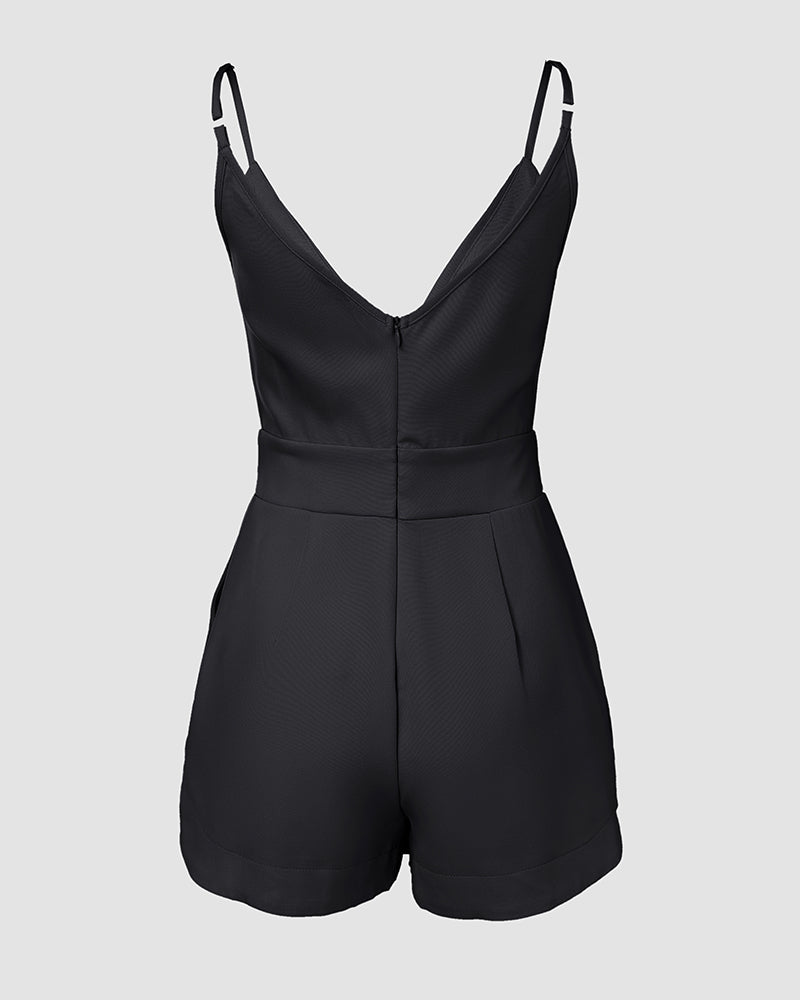 Plunge Sleeveless Ruched Pocket Design Romper