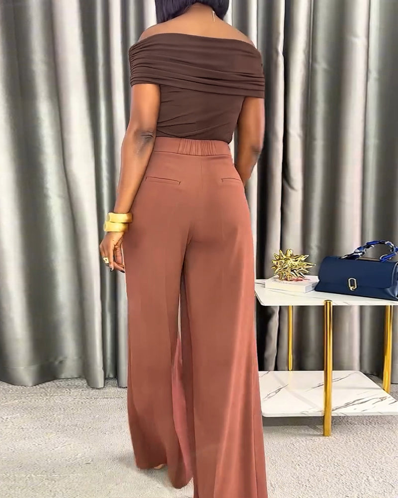 2 Pieces Outfit Off the Shoulder Skinny Top and Casual Wide Leg Business Pants Set