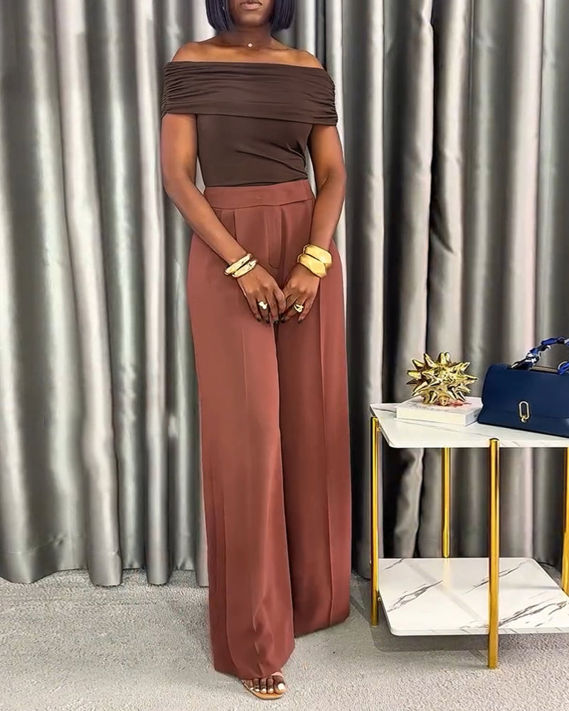 2 Pieces Outfit Off the Shoulder Skinny Top and Casual Wide Leg Business Pants Set