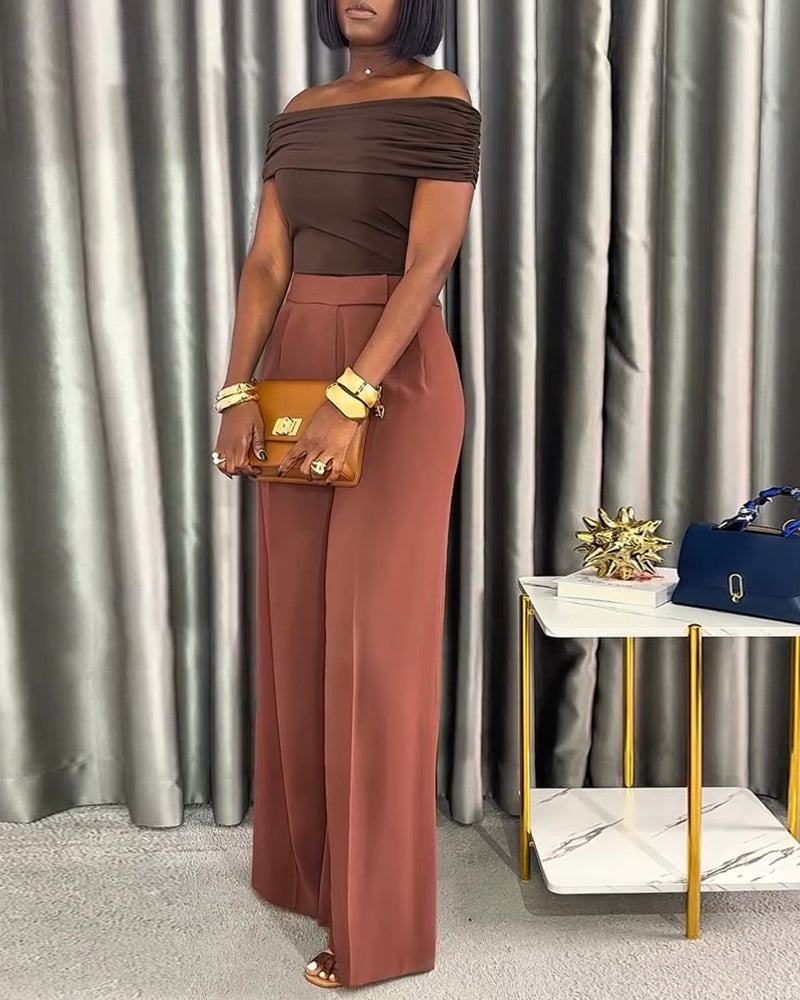 2 Pieces Outfit Off the Shoulder Skinny Top and Casual Wide Leg Business Pants Set
