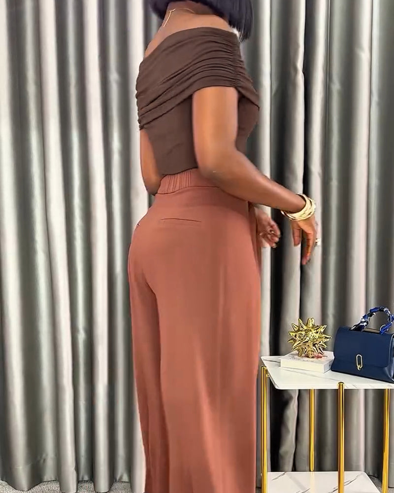 2 Pieces Outfit Off the Shoulder Skinny Top and Casual Wide Leg Business Pants Set