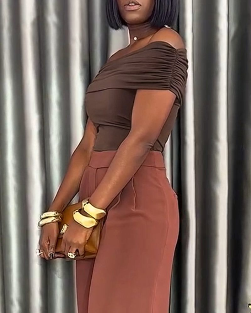 2 Pieces Outfit Off the Shoulder Skinny Top and Casual Wide Leg Business Pants Set