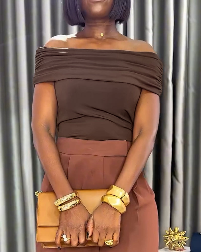 2 Pieces Outfit Off the Shoulder Skinny Top and Casual Wide Leg Business Pants Set