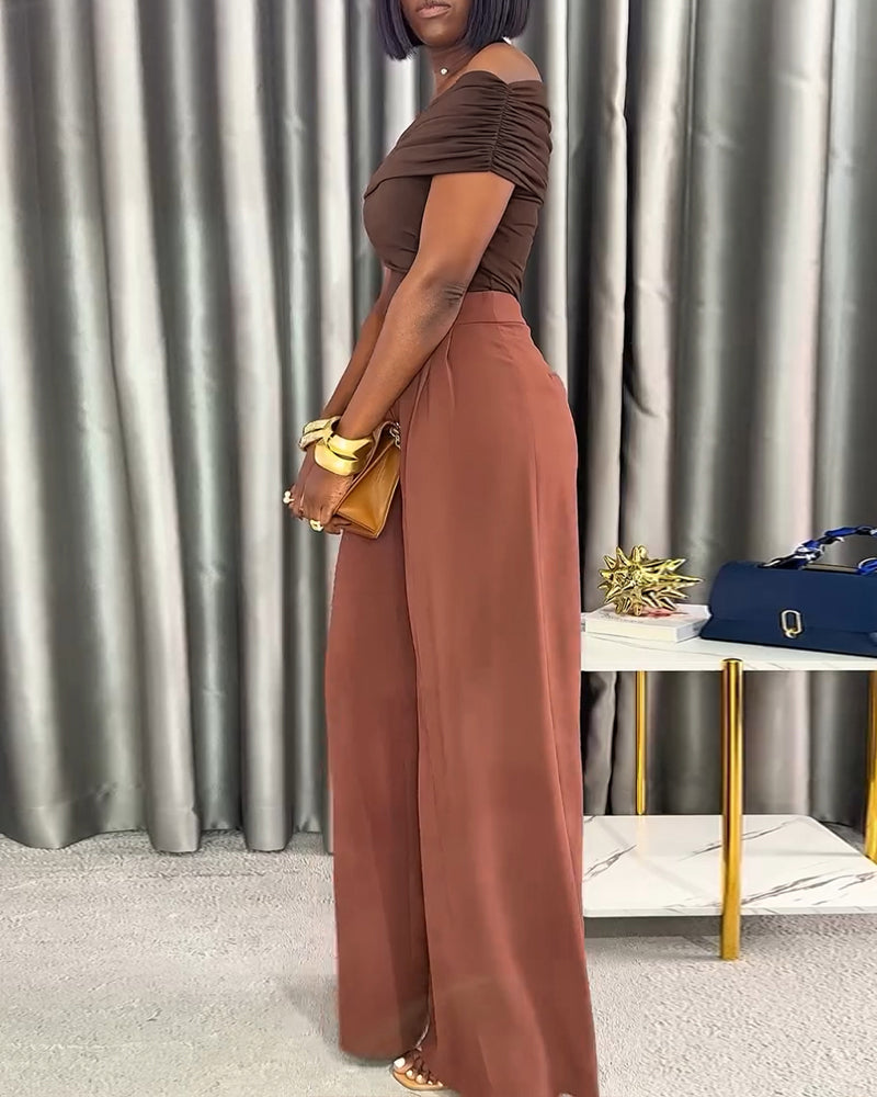 2 Pieces Outfit Off the Shoulder Skinny Top and Casual Wide Leg Business Pants Set