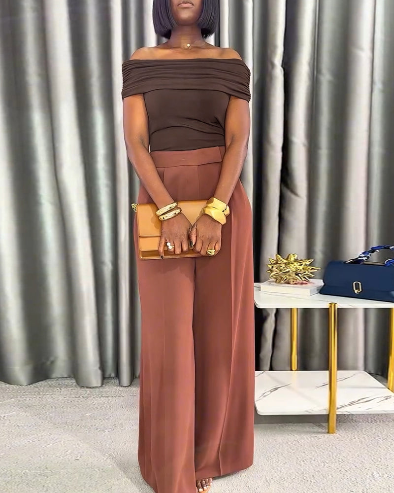 2 Pieces Outfit Off the Shoulder Skinny Top and Casual Wide Leg Business Pants Set