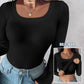 U Neck Long Sleeve Built In Bra Shirt Casual Seamless Slim Fit Top
