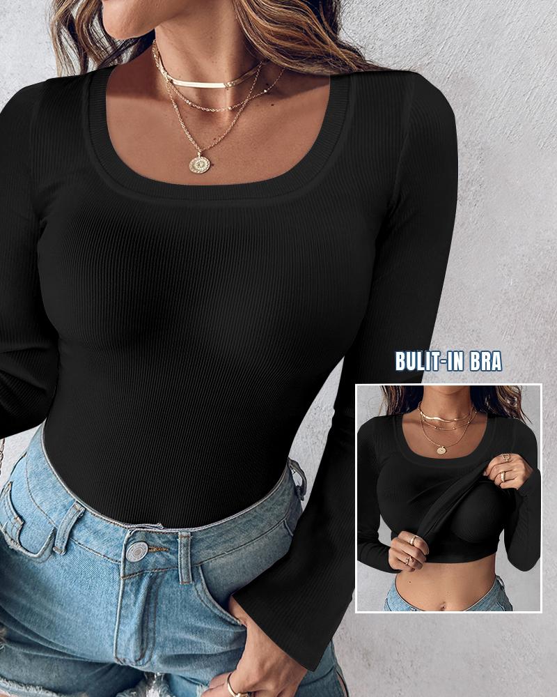 U Neck Long Sleeve Built In Bra Shirt Casual Seamless Slim Fit Top
