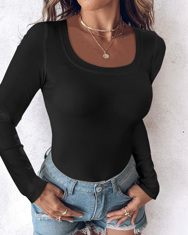 U Neck Long Sleeve Built In Bra Shirt Casual Seamless Slim Fit Top