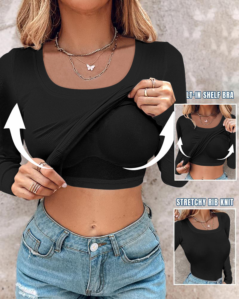 U Neck Long Sleeve Built In Bra Shirt Casual Seamless Slim Fit Top