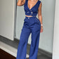 Contrast Binding V Neck Front Button Crop Tank High Waist Wide Leg Pants Casual Pants Set with Pocket