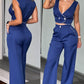 Contrast Binding V Neck Front Button Crop Tank High Waist Wide Leg Pants Casual Pants Set with Pocket