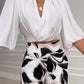 2 Pieces Outfit Wrap Plunge V Neck Crop Blouse and Casual Floral Print Wide Leg Pants Set
