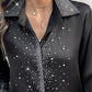 Rhinestone Turn down Collar Long Sleeve Blouse Elegant Shirt