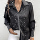 Rhinestone Turn down Collar Long Sleeve Blouse Elegant Shirt