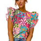 Multicolor Vibrant Floral Print Trimmed Ruffle Sleeve Blouse
