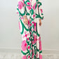 Pink Boho Floral Printed Long Sleeve Buttoned Loose Maxi Dress