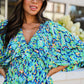 Green Abstract Print Puff Sleeve V Neck High Waist Romper