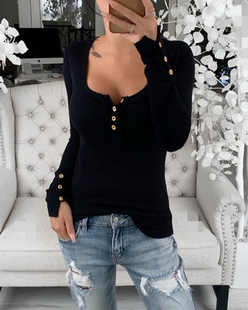 Button Detail Long Sleeve Top