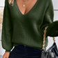 Jungle Green Lantern Sleeve V Neck Knot Back Sweater