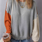 Gray Colorblock Bishop Sleeve Ribbed Trim Sweater