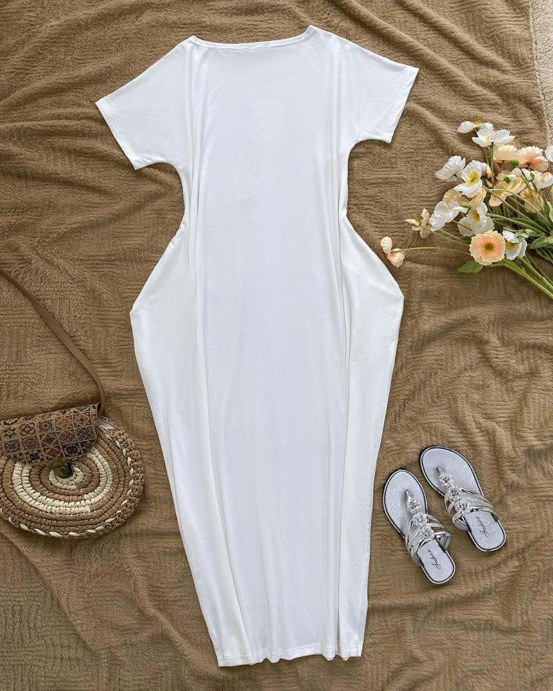 Heart Pattern Cold Shoulder Short Sleeve Maxi Dress Casual Pocket Design Loose Fit Dress